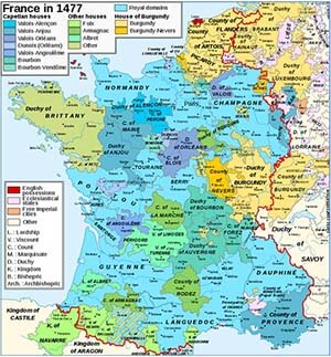 Бургундские территории (оранжевый/желтый) и границы Франции (красный) после Бургундской войны.