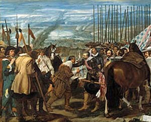 «Сдача Бреды», Диего Веласкес, 1635, Прадо. Юстин Нассауский вручает ключи от города Амброзио Спиноле.